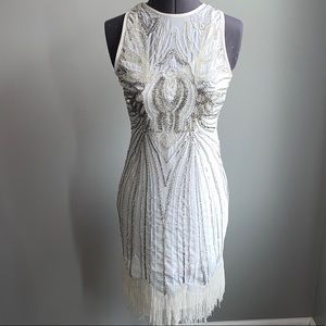 NYE Ivory and Silver Sequin Beaded Fringe Dress